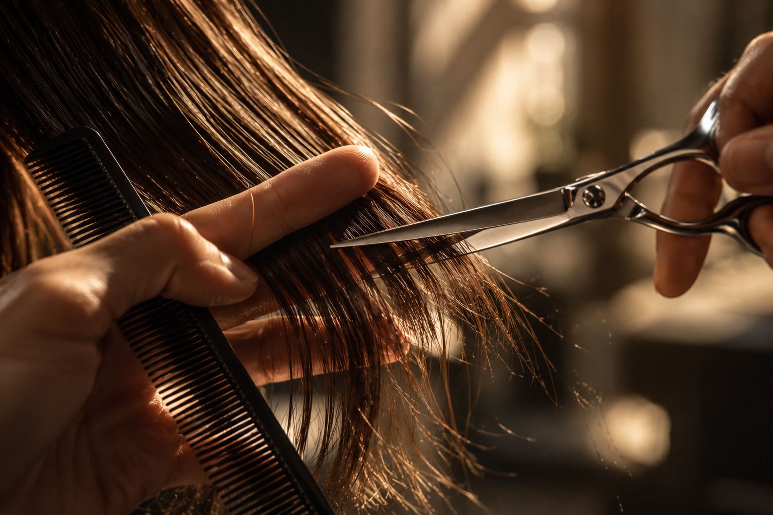 Close-up of scissors cutting a section of brown hair held between comb and fingers.