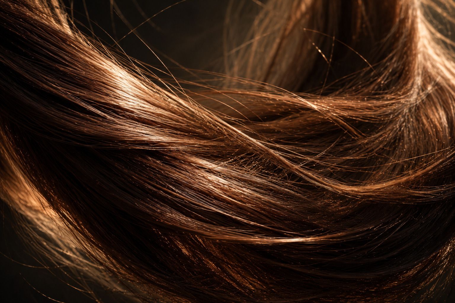 Long brown hair in loose waves, its strands catching copper and gold light against shadow.