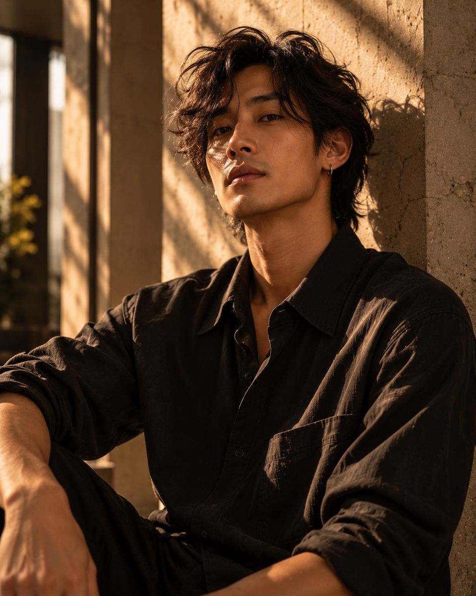 Theo, with dark wavy hair, seated in a black shirt against a limestone wall striped with sunlight.